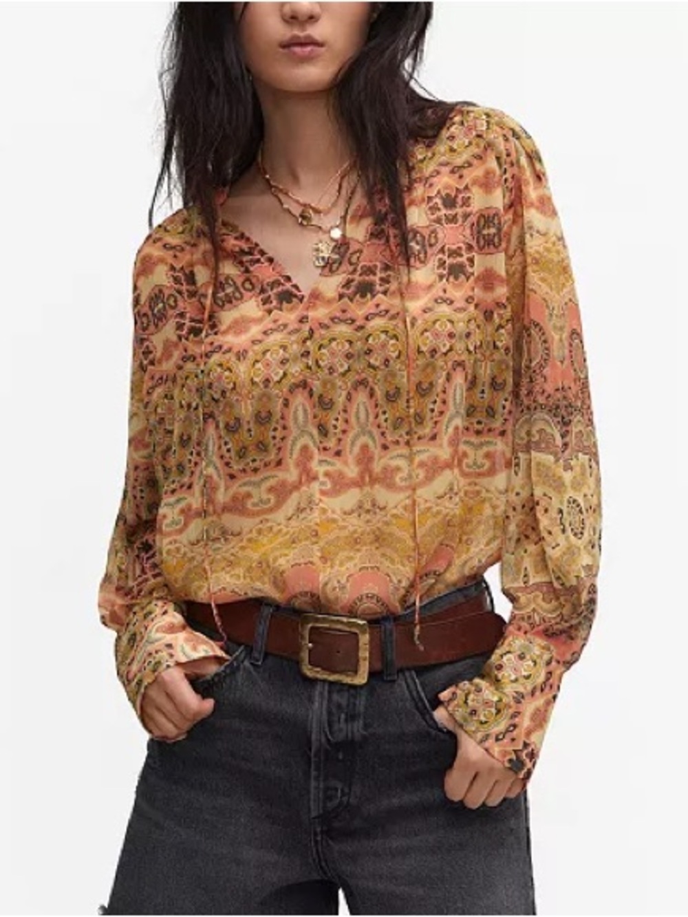 Mango Paisley Boho Blouse Orange Pink Print